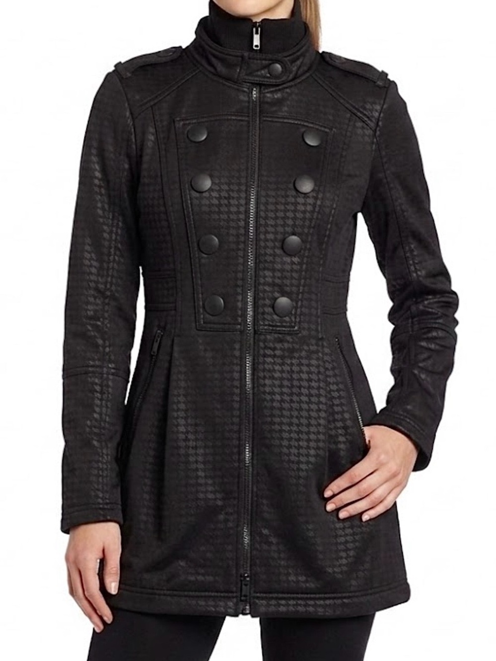 Zella Black Military Houndstooth Plaid Patterned Long Jacket Size XS Raincoat